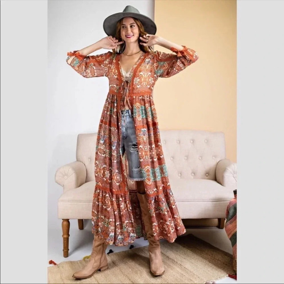 Boho Rust Floral Maxi Kimono Duster | Easel Lace Trim Fall Layering Piece | Sz M - Picture 4 of 7